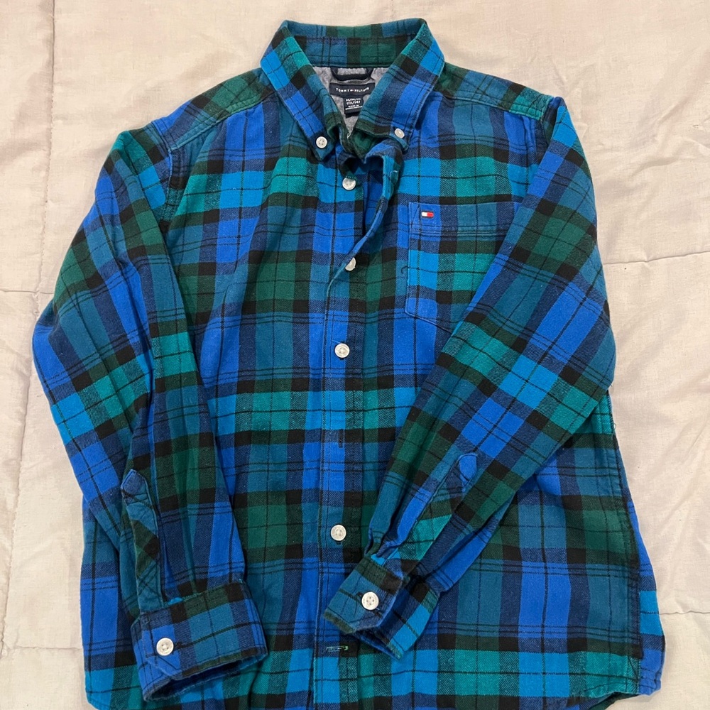 Tommy Hilfiger Kids Blue and Green Plaid Shirt